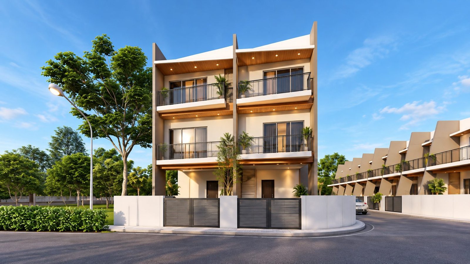Row house development by Pawar Builders in Nashik at dusk